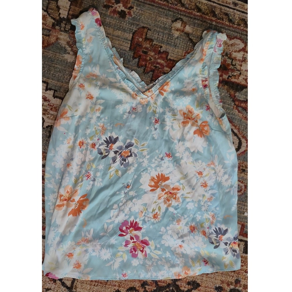 LC Lauren Conrad Floral Ruffle V-Neck Sleeveless‎ Blouse Blue Orange Medium